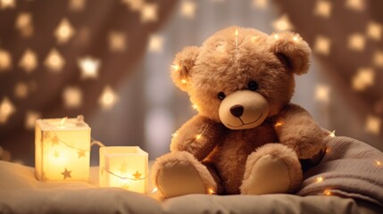  a brown teddy bear sitting on top of a bed next to a lit up bag and a lit up candle.