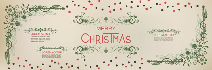 Merry Christmas and Happy New Year retro style vector banner template. Old paper background with winter style elements