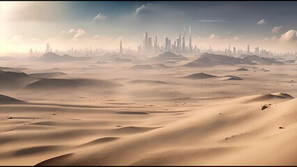 vast fantasy desert landscape with a futuristic skyline in the horizon - sand storm - cinematic movie style - illustrated - ai generated video - Powered by Adobe
