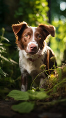 Portrait of a brown and white border collie dog in nature