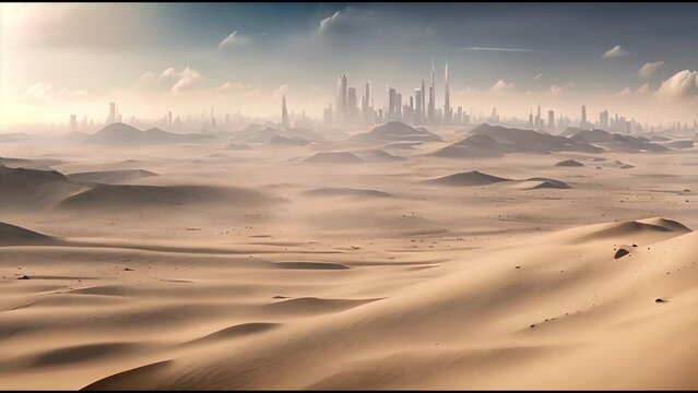 vast fantasy desert landscape with a futuristic skyline in the horizon - sand storm - cinematic movie style - illustrated - ai generated video