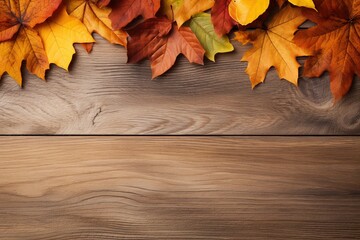 Naklejka na ściany i meble Autumn leaves frame on wooden background top view. Fall Border yellow and Orange Leaves vintage wood table Copy space. Mock up for your design.