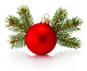 Fototapeta na wymiar Christmas red bauble and fir tree branch isolated on white background