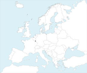 Gray CMYK national map of LUXEMBOURG inside detailed white blank political map of European continent on blue background using Mollweide projection