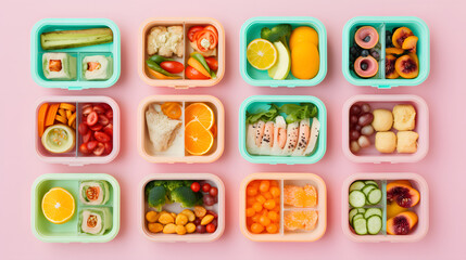 Open lunch boxes for school, containing sandwiches and fruit. Pink background. Gentle colors
