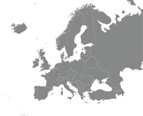 Black CMYK national map of LUXEMBOURG inside detailed gray blank political map of European continent on transparent background using Mercator projection