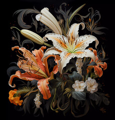 natural bouquet of lilies and flowers. Botanical background
