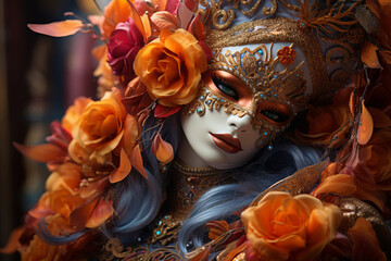 Carnival of Venice. female participant of the performance, a girl in a fiery festive outfit and a red mask. Venetian masquerade.
