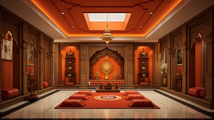 An awe-inspiring traditional pooja room with a false ceiling that narrates a story of cultural richness and faith.