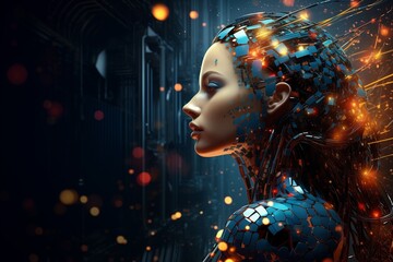 3d rendering of a female cyborg in cyber space with particles