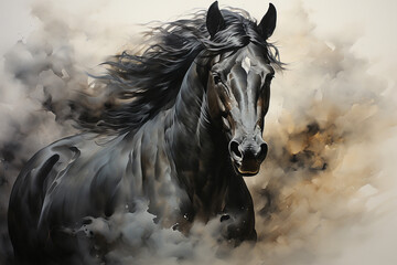 Immerse yourself in the beauty of a majestic black horse captured in a stunning watercolor painting illustration. Experience the grace and power in every stroke. Ai generated