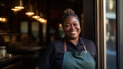 Smiling black female chef in her restaurant. Empowered black woman owning a business. Her hair is tied up and she wears a black shirt and a green apron. Image generated with AI.