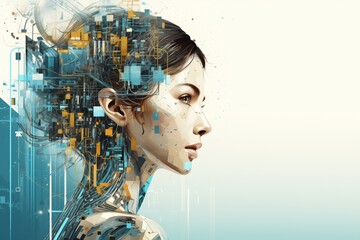 3d rendering of a female cyborg in cyber space with particles