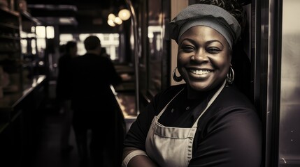 Smiling black female chef chef in her restaurant. Empowered black woman owning a business. She wears a grey hat, a black chef's shirt and a white apron. Image generated with AI.