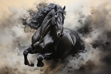 Fototapeta premium Immerse yourself in the beauty of a majestic black horse captured in a stunning watercolor painting illustration. Experience the grace and power in every stroke. Ai generated