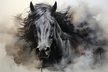 Obraz na płótnie Canvas Immerse yourself in the beauty of a majestic black horse captured in a stunning watercolor painting illustration. Experience the grace and power in every stroke. Ai generated