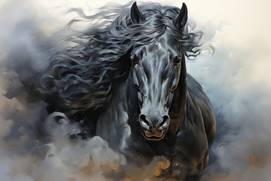 Immerse yourself in the beauty of a majestic black horse captured in a stunning watercolor painting illustration. Experience the grace and power in every stroke. Ai generated