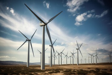 Wind turbines or windmill stand tall in a vast field, harnessing renewable energy from the breeze. The landscape harmonizes with sustainable technology, exemplifying eco-friendly power generation.