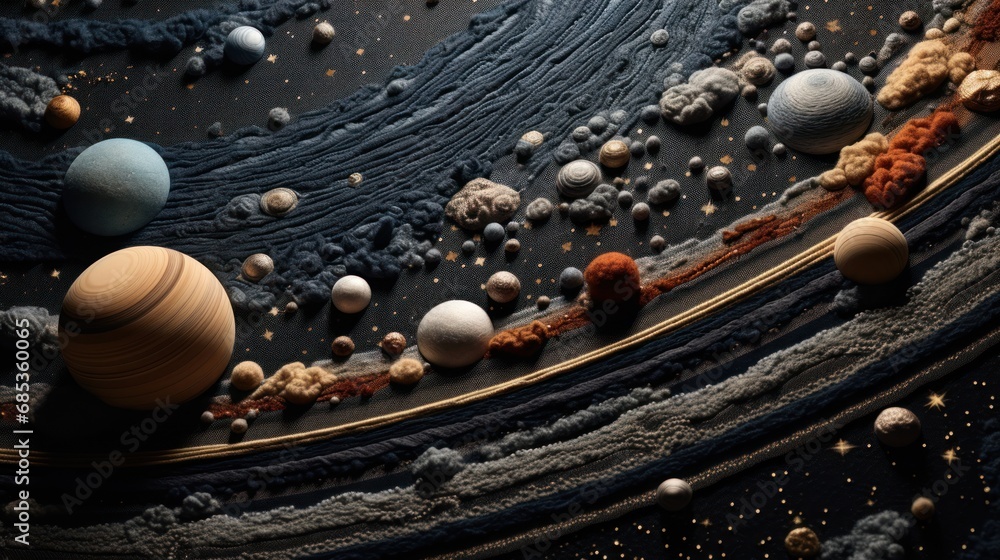 Poster a close up of a bunch of planets on a surface with other planets in the middle of the space around t