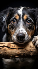 Portrait of a cute australian shepherd dog on black background