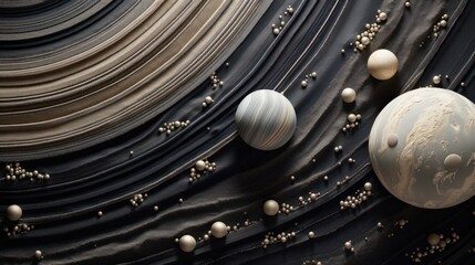  a group of planets sitting next to each other on top of a black and white wave covered surface with small white dots.