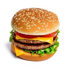 Juicy hamburger isolated on white background. Side view.