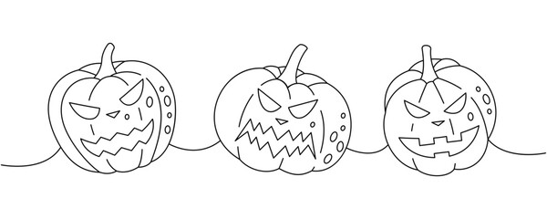 Halloween pumpkins with scary faces. Set of pumpkins faces one line continuous drawing. Autumn halloween vegetables continuous one line illustration.