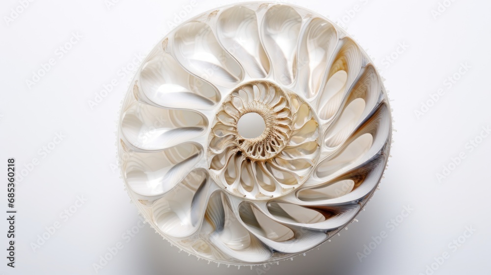 Poster a close up of a white object with a spiral design on the center of the object, on a white background