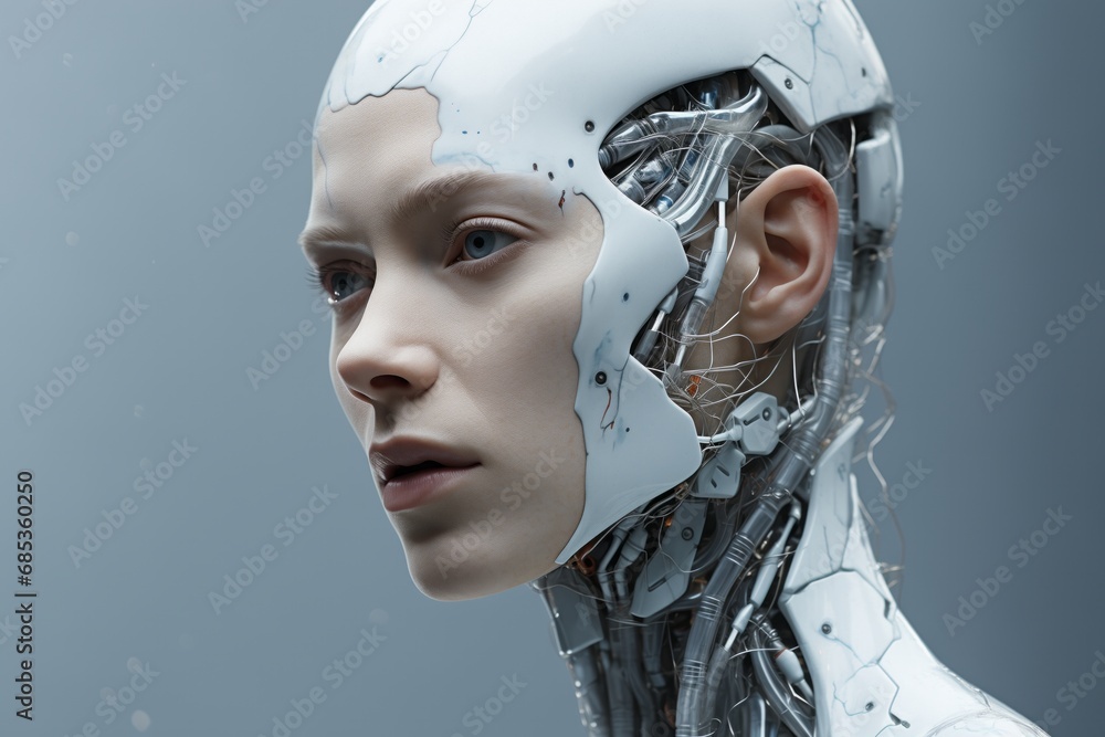 Poster 3d rendering of a female robot in a futuristic space station.