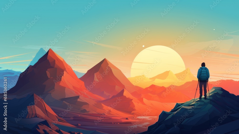 Poster a man standing on top of a mountain in front of a mountain range with a rising sun in the background