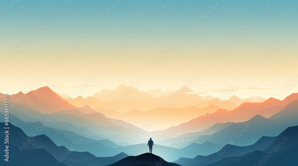 Poster a person standing on top of a mountain with a view of a valley and mountains in the background at su