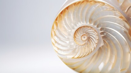  a close up of a white and gold object with a large spiral design on it's side and a white background.