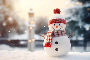 Obraz premium Cute little snowman in knitted hat and scarf standing outside on a winters day