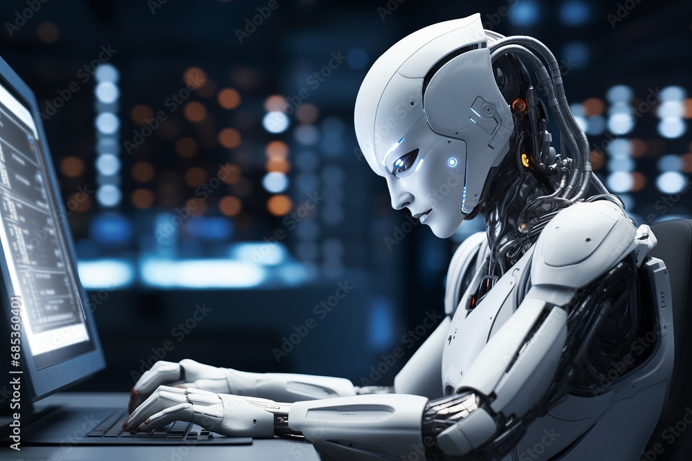 Poster 3d rendering humanoid robot in the futuristic space. this is a 3d render illustration.