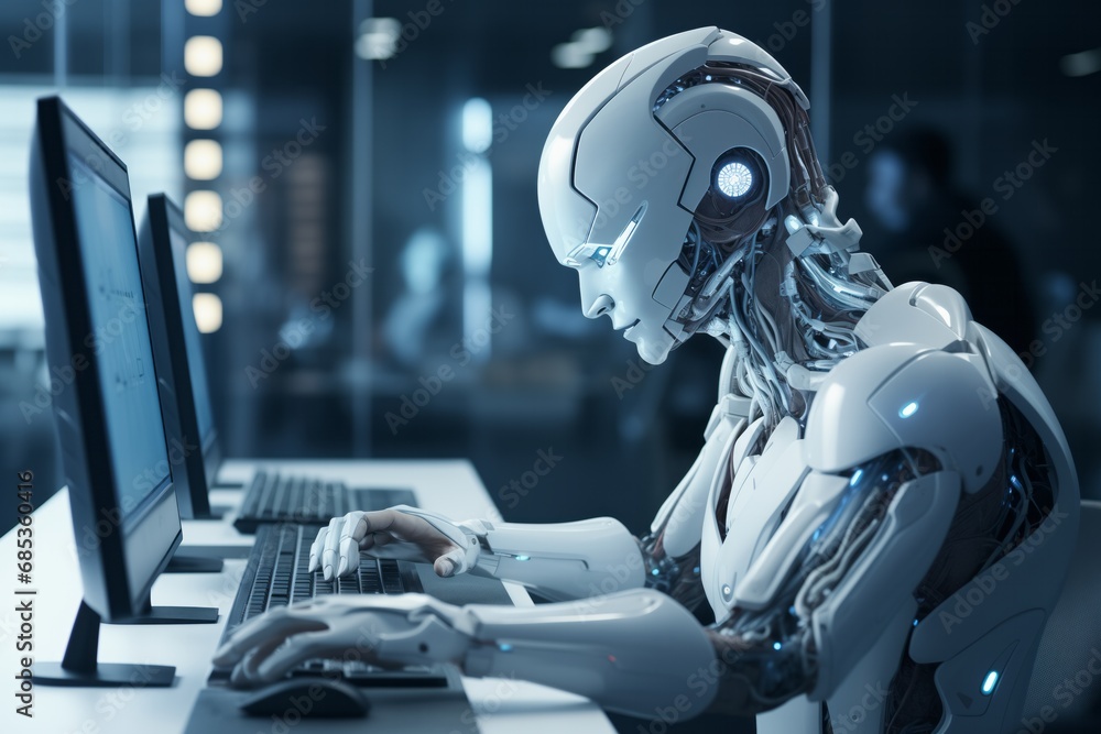 Poster 3d rendering humanoid robot in the futuristic space. this is a 3d render illustration.