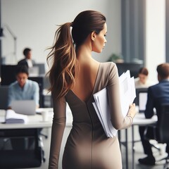 woman with documents in the office of a business center, view from the back