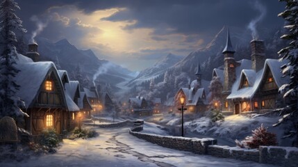  a painting of a snowy village at night with a full moon in the sky and a street light in the foreground. - obrazy, fototapety, plakaty
