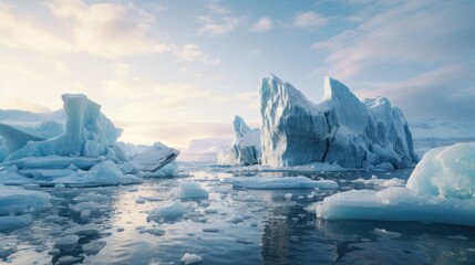  a group of icebergs floating on top of a lake surrounded by snow covered mountains and icebergs.