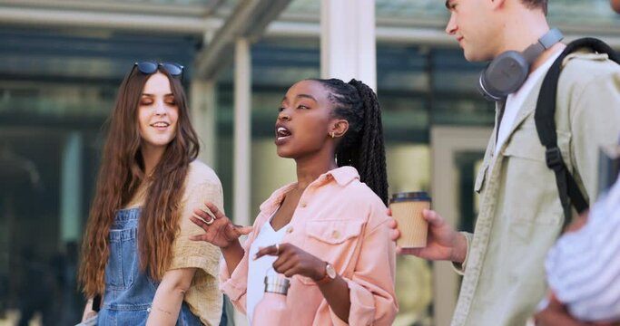 University student groups, walking and black woman talking about report news, college gossip or planning project ideas. Diversity school education, knowledge and friends consulting on campus journey