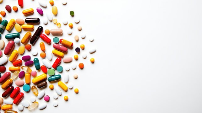 Assorted vitamins in various shapes, sizes, and colors, neatly arranged on a white background. Detailed representation of health and wellness products