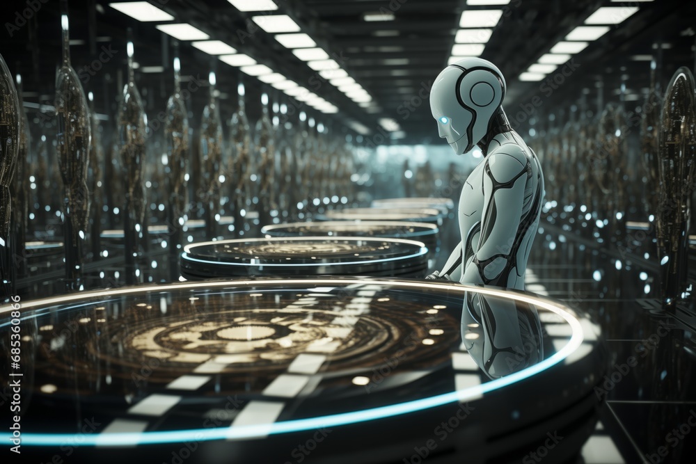 Poster 3d rendering humanoid robot in the futuristic space. this is a 3d render illustration.