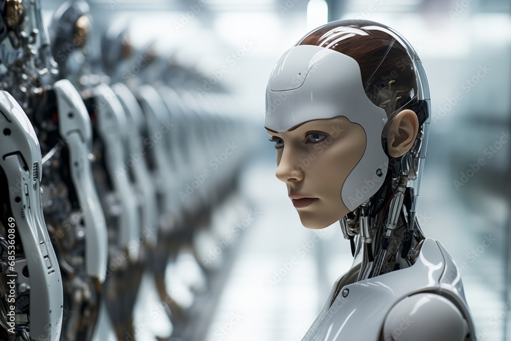 Poster 3d rendering of a female robot in a futuristic space station.