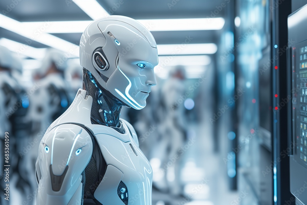 Poster 3d rendering humanoid robot in the futuristic space. this is a 3d render illustration.