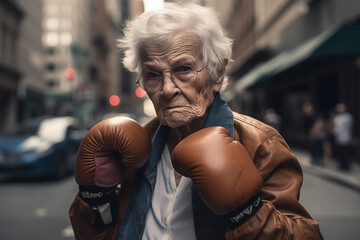 Pensioner boxing on street in USA. Grandmother boxing. Grandma in boxing gloves in fight on Wall Street. Granny boxer on street fight. Old Woman in boxing gloves in fight. Social problem of pensioners
