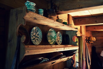 Fototapeta premium Utensils in an old kitchen of an alpine hut in austria