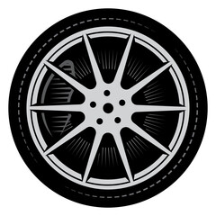 Obraz premium Complete car wheel. Rubber sports tire on a gray rim with a brake caliper. Color vector image. Design element