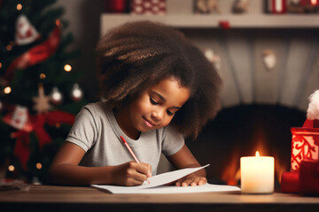 Cute little girl with curly hair writes the letter to Santa Claus