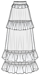 Frill Ruffle Tiered Maxi Skirt Fashion Illustration, Vector, CAD, Technical Drawing, Flat Drawing, Template, Mockup