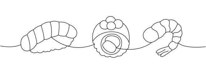 Sushi rolls. Japanese cuisine, traditional food one line drawing. Sake nigiri sushi, futomaki, philadelphia roll, fresh shrimp one line illustration.