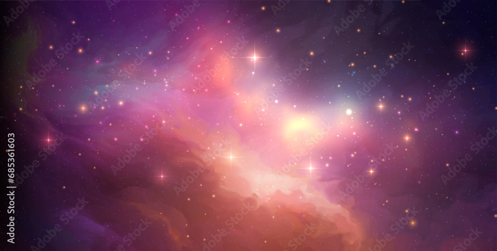Sticker space vector background with realistic nebula and shining stars. magic colorful galaxy with stardust
